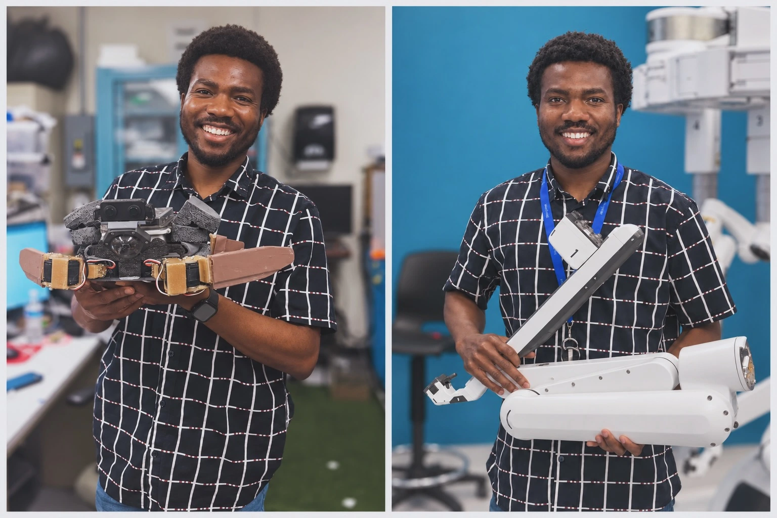 Nnamdi Chikere holding a bioinspired turtle robot and a robotic hardware assembly